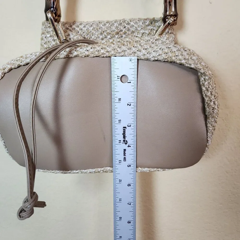 Cream Shoulder Bucket Bag Straw Rafia Leather Drawstring Hobo Beach Bamboo‎ Boho